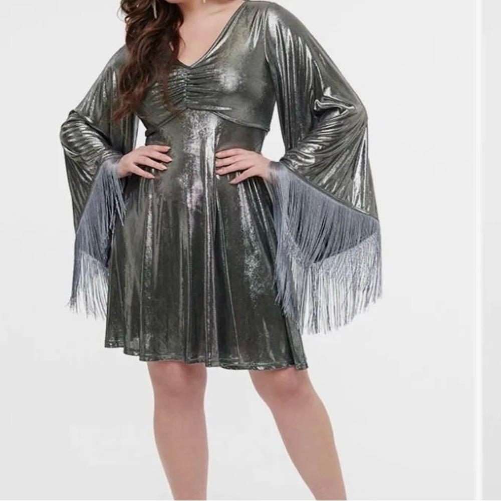 Metallic Silver Midi Dress with Fringe Sleeves - Picture 3 of 3